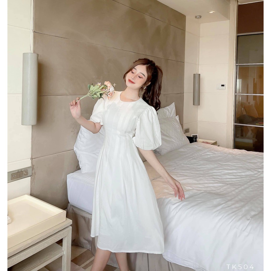 [HÀNG THIẾT KẾ CAO CẤP] Đầm Xòe Cổ Tròn Chít Eo Công Sở Màu Trắng Thanh Lịch