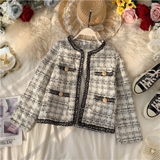 Áo khoác dạ tweed phối màu dáng ngắn cổ tròn
