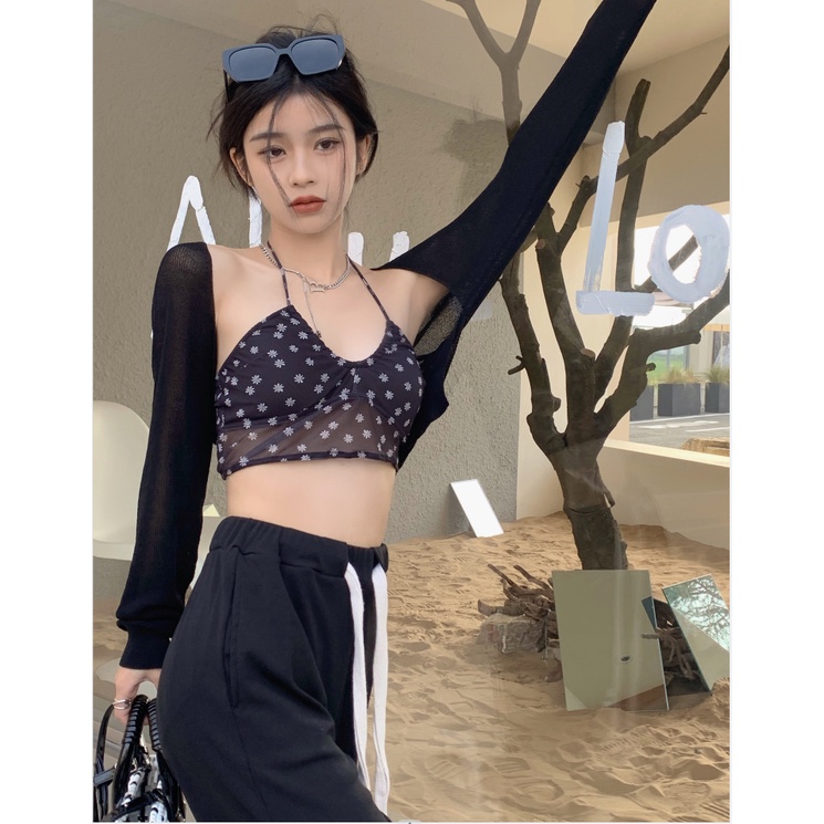 Set Áo Hai Dây Và Áo Khoác cardigan Họa Tiết Hoa Phong Cách Hàn Quốc Thời Trang Mới Cho Nữ