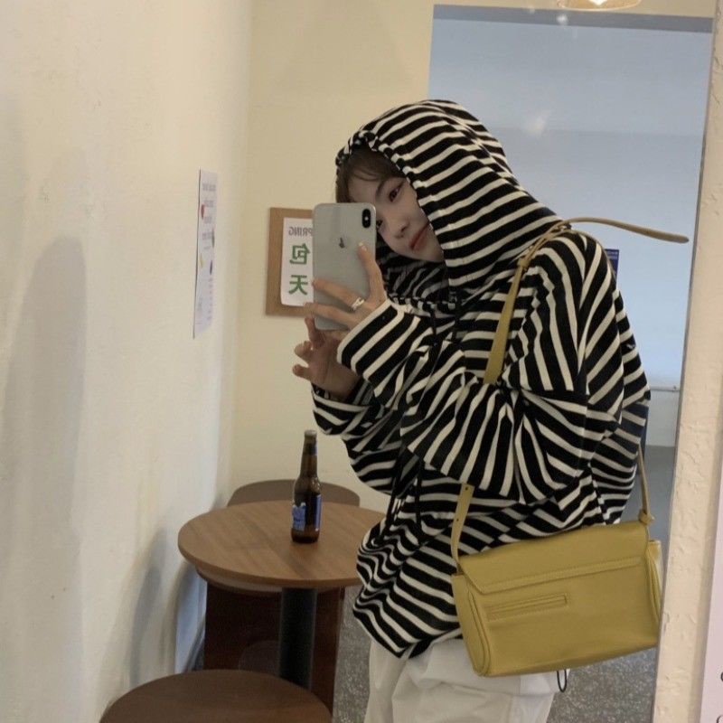 Áo Hoodie Nữ Dài Tay Sọc Ngang Kiểu Hàn Quốc