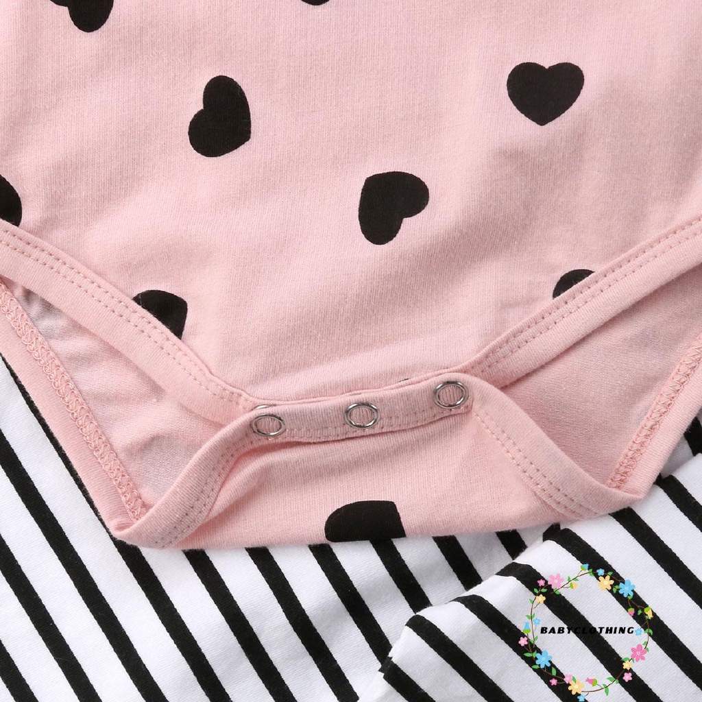 ღWSVღLove Heart Pink Baby Girls Long Sleeve Romper Bodysuit +Stripe Pant+ Headaband Casual Cotton Outfits Clothes