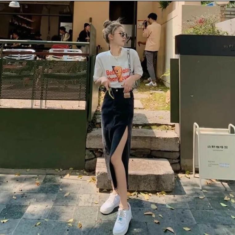 Chân váy bò dài xẻ chân mác túi nâu 1 khuy, Chân váy dáng dài xẻ đùi - MOONMY | BigBuy360 - bigbuy360.vn