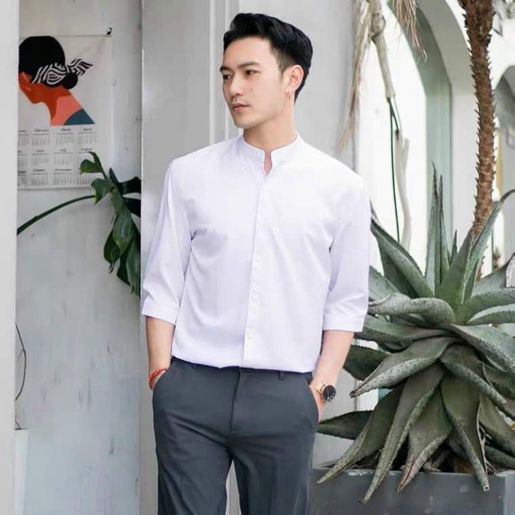 Áo sơ mi  CỔ TÀU dài tay kiểu dáng Hàn Quốc , vải lụa thái mềm mịn , chống nhăn cao cấp | BigBuy360 - bigbuy360.vn