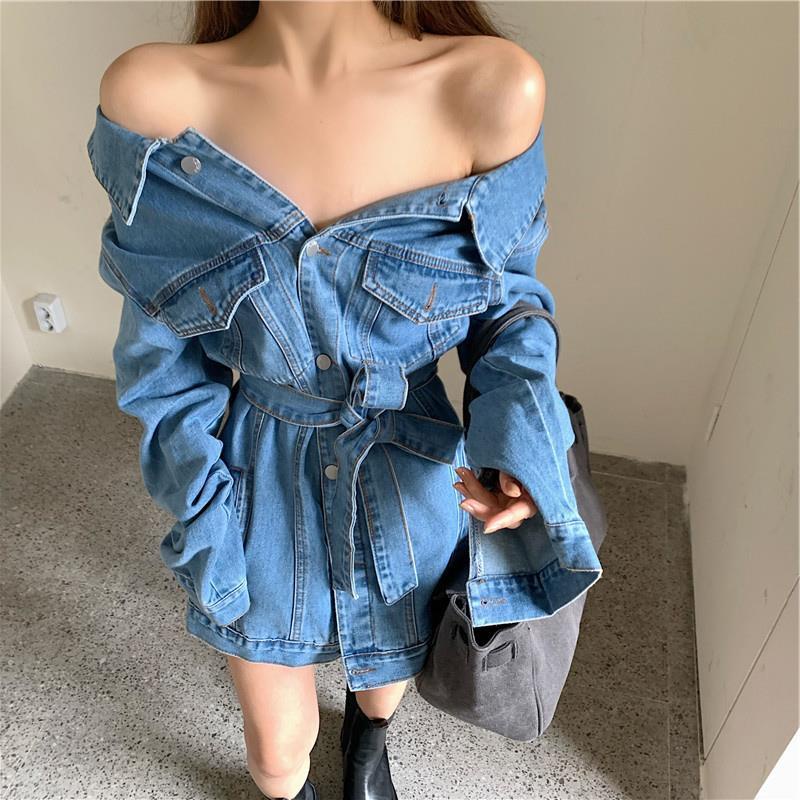 Cẩn Thận Niche Đầm Denim Một Vai Lệch Tà Ôm Dáng Thời Trang Đường Phố Mùa Thu