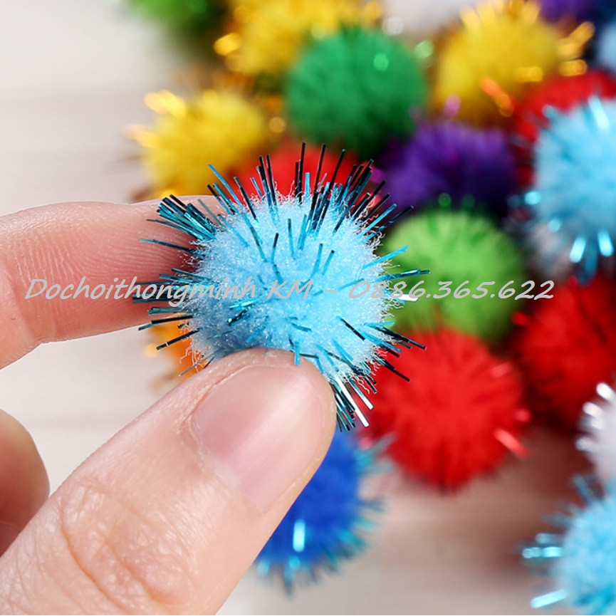 Quả bông Pompom trơn, Pompom kim tuyến nhiều size LẪN MÀU