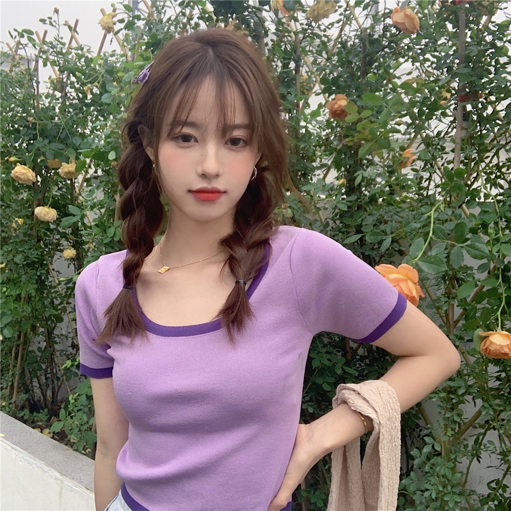 Áo thun nữ ZHELIHANGFEI tay ngắn phối màu trơn thời trang