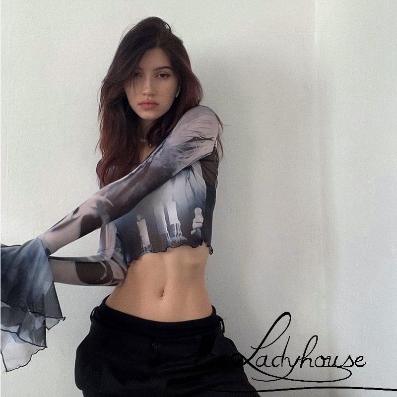 Ldd-áo Sơ Mi Crop Top Tay Loe Dài Xếp Nếp In Họa Tiết Cổ Tròn  Cho Nữ