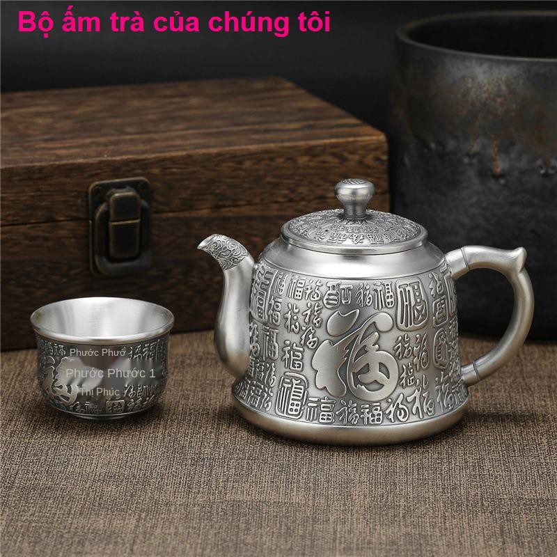 nhà cửa đời sốngBộ ấm trà bạc Baifu 999 sterling phong cách Trung Quốc 1 khay bình 6 chén Longteng retro để gửi qu