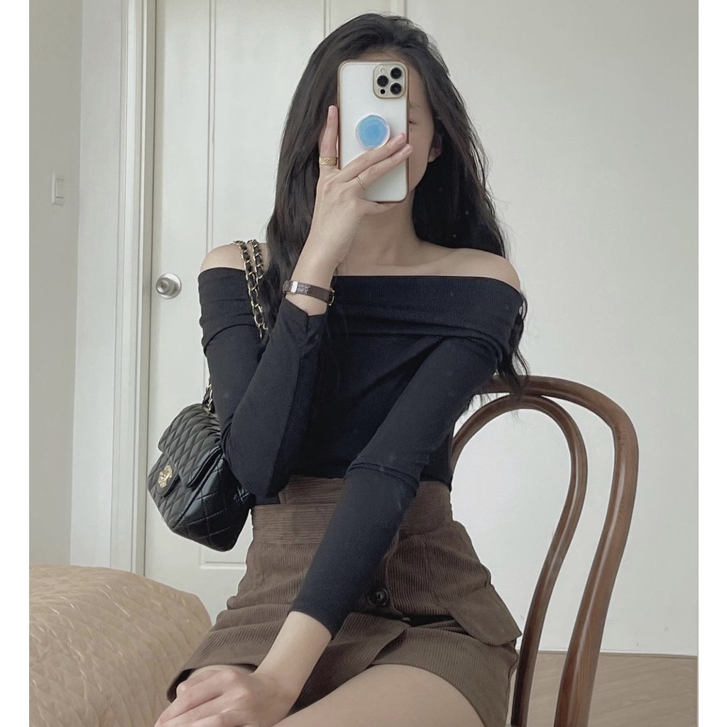 Set áo len tăm trễ vai siêu xinh mix chân váy nhung tăm cúc lệch A651251N Nhung Nhớ