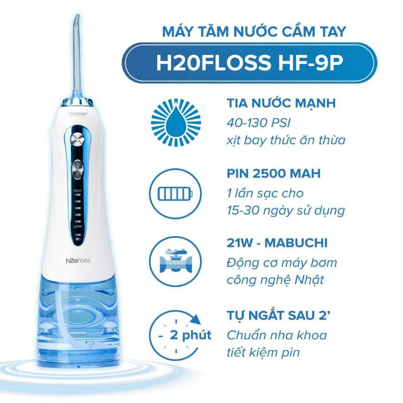 Máy tăm nước H2OFloss HF-9P chống thấm nước, tặng túi vải du lịch, bảo hành 12 tháng, đổi mới 30 ngày | BigBuy360 - bigbuy360.vn