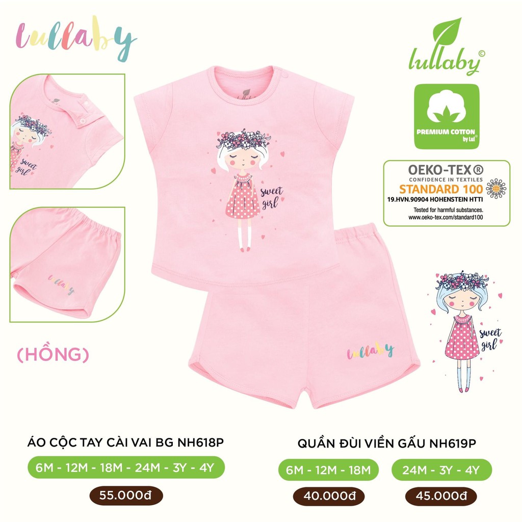 Bộ cộc tay cài vai Lullaby NH618P, bộ quần áo bé gái cotton cao cấp