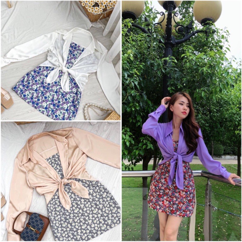 Set đầm hoa + áo khoác somi phi lụa