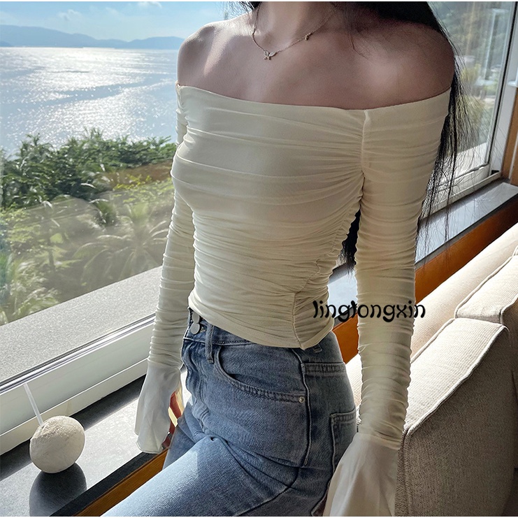 ♀Gd✭Áo Kiểu Lưới Trễ Vai Màu Trơn Tay Loe Thời Trang Đường Phố Cho Nữ Y2K