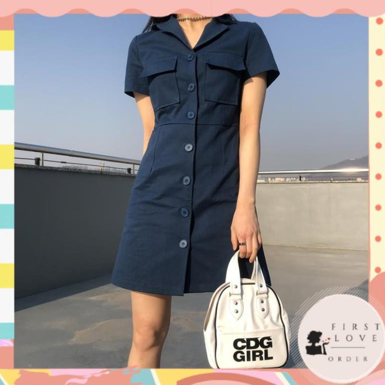 (firstlove ORDER) Váy sơ mi cổ bẻ cài dọc khuy hai túi trước ngực dáng A-line ôm body style năng động Hàn Quốc 01