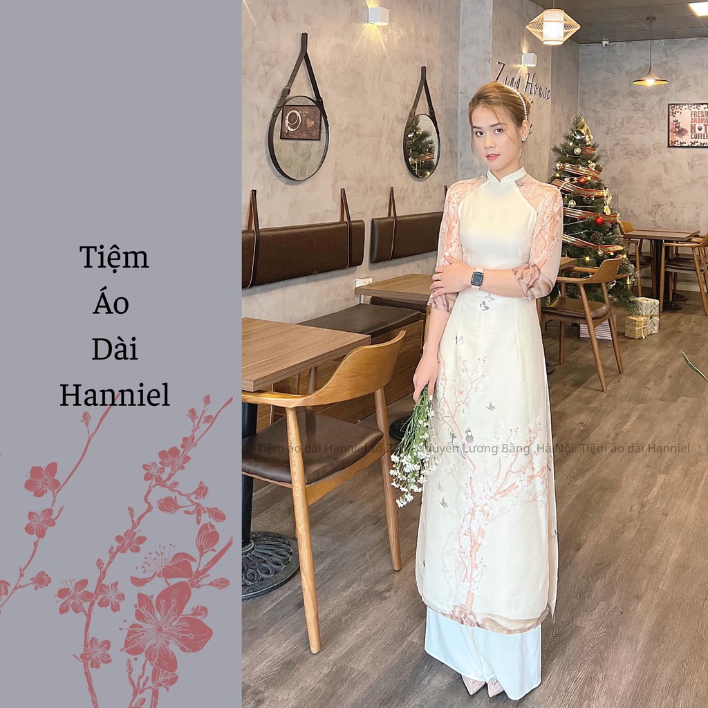Áo dài cách tân nữ voan cát in hình cành đào, màu vàng da, tay lỡ xuông,hàng may sẵn [ ẢNH THẬT CỦA TIỆM]