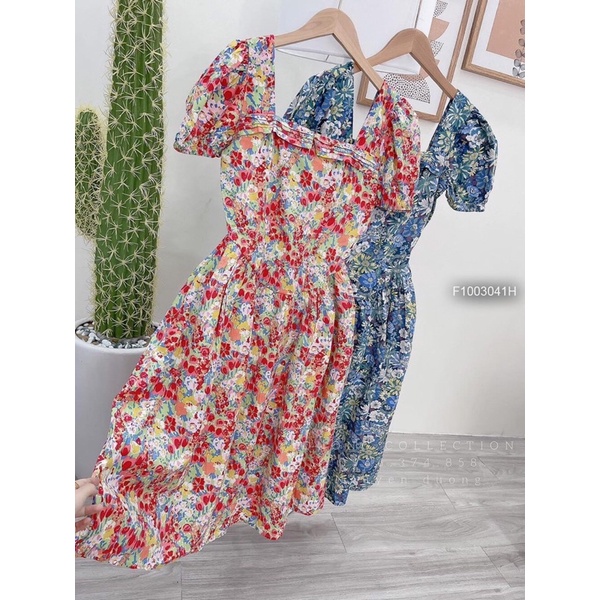 Đầm hoa cổ vuông tay phồng