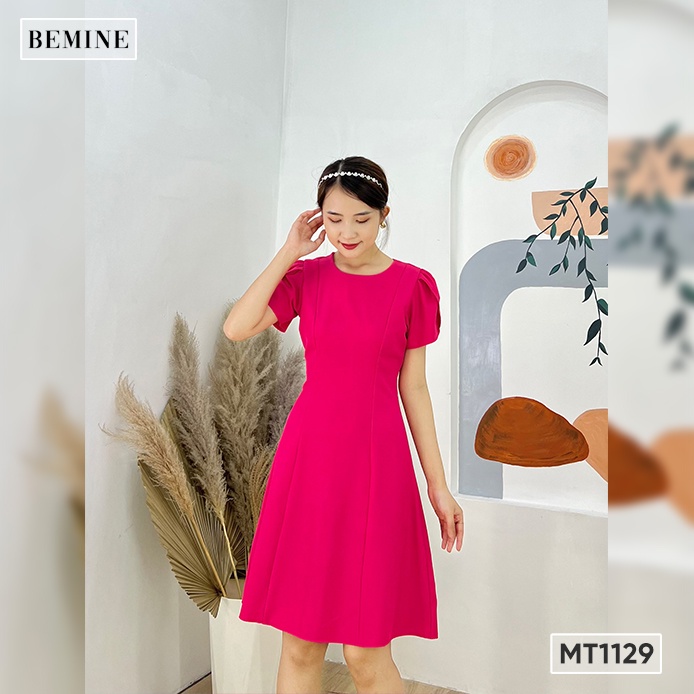 Đầm cổ Vich tay búp BEMINE MT1129HONG