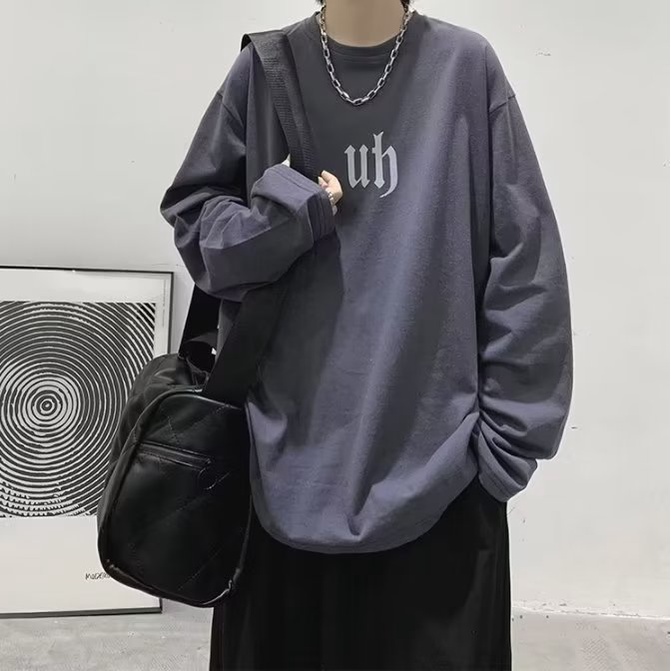 Áo Thun Tay Dài Cổ Tròn Dáng Rộng In Chữ Phong Cách Hip Hop Hàn Quốc Thời Trang Cho Nam Size M-5XL