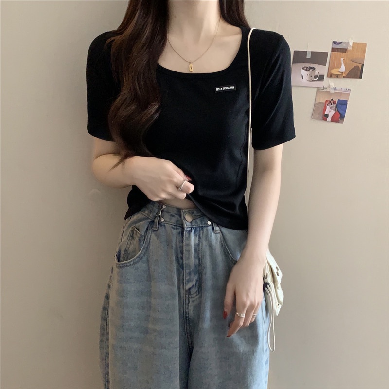 SUXI Áo Thun Tay Ngắn Cổ Vuông Màu Sắc Đơn Giản Cho Nữ