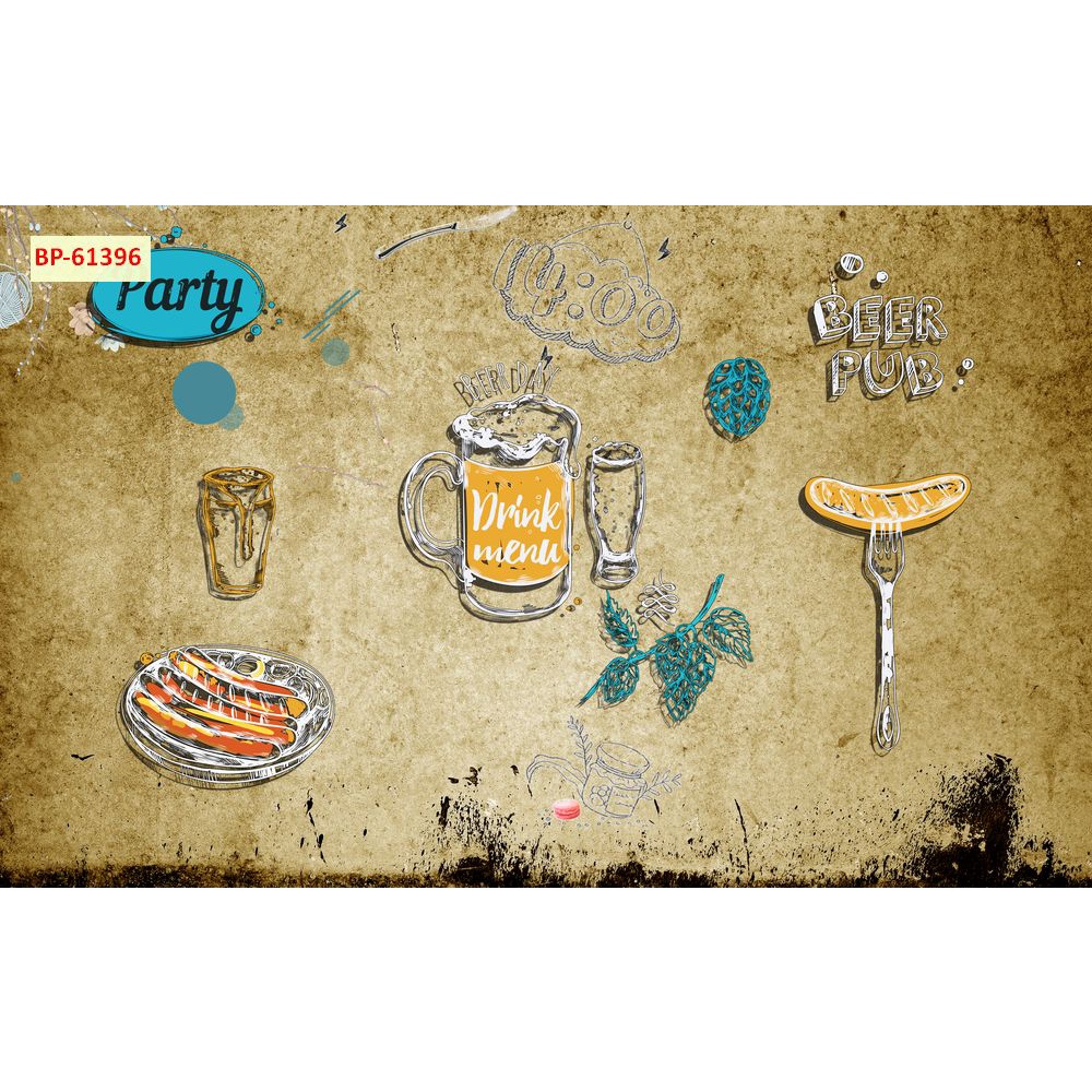 Tranh dán tường quán nhậu cực chất in khổ lớn chất liệu lụa 3D, xé không rách, lau chùi thoải mái.