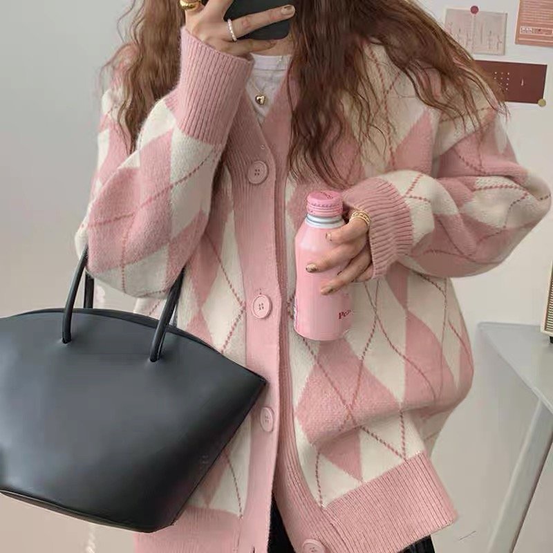 Áo khoác cardigan nữ Maikalông thỏ dáng rộng hoạ tiết kim cương siêu mịn phong cách Hàn Quốc, phụ kiện thời trang nữ YUN