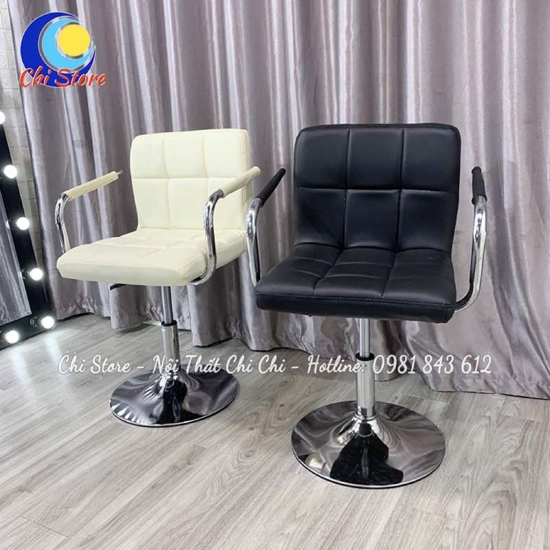 Ghế Ngồi Quầy Lễ Tân Tay Vịn, Ghế Xoay Makeup, Chụp Hình Bọc Da Dày Dặn Chỉnh Độ Cao 30-50cm Và Xoay 360 Độ