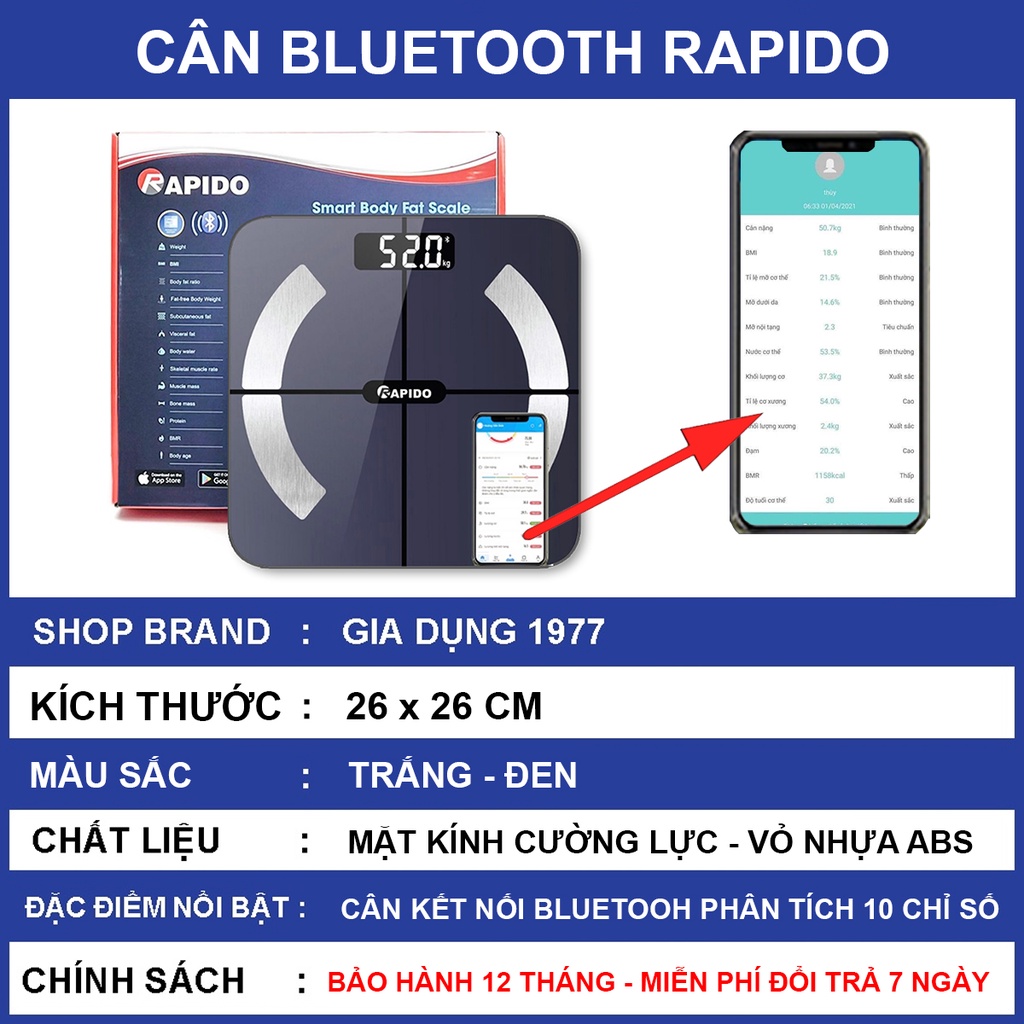 Cân điện tử sức khỏe cao cấp với màn hình LED và mặt kính cường lực chịu tải 180kg tặng kèm 02 PIN AAA