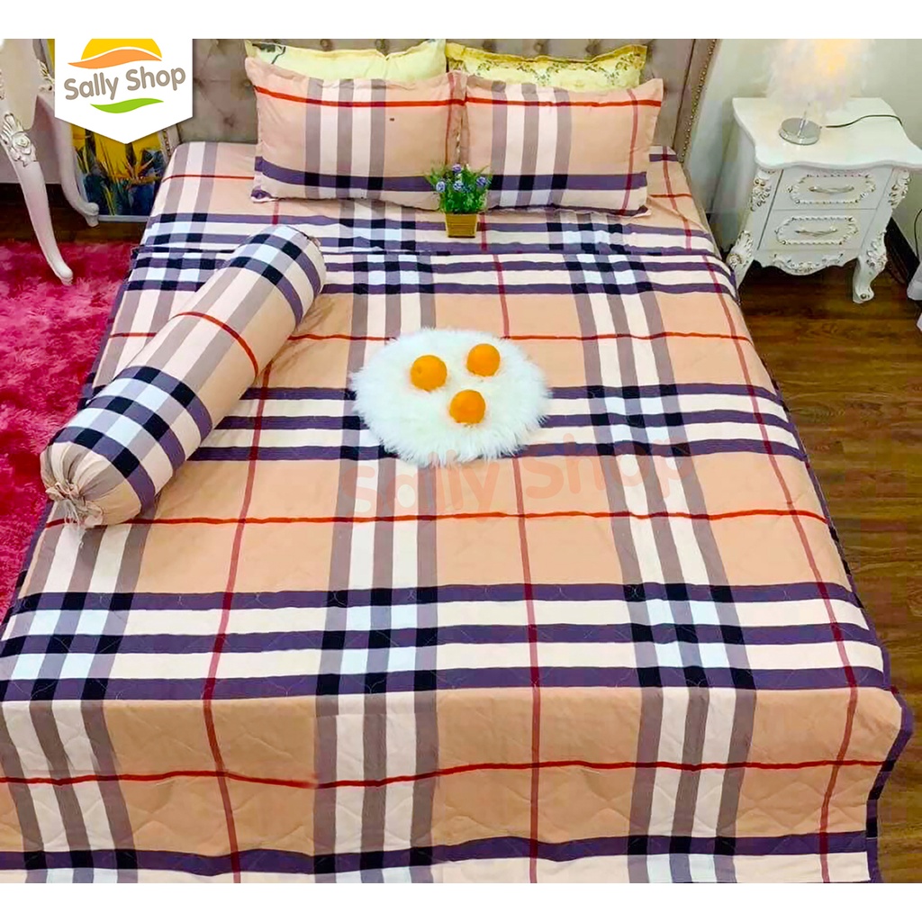 Bộ 4 Món Chăn Ga Gối Trải Giường Cotton Poly Hè Thu Mẫu KẺ VÀNG