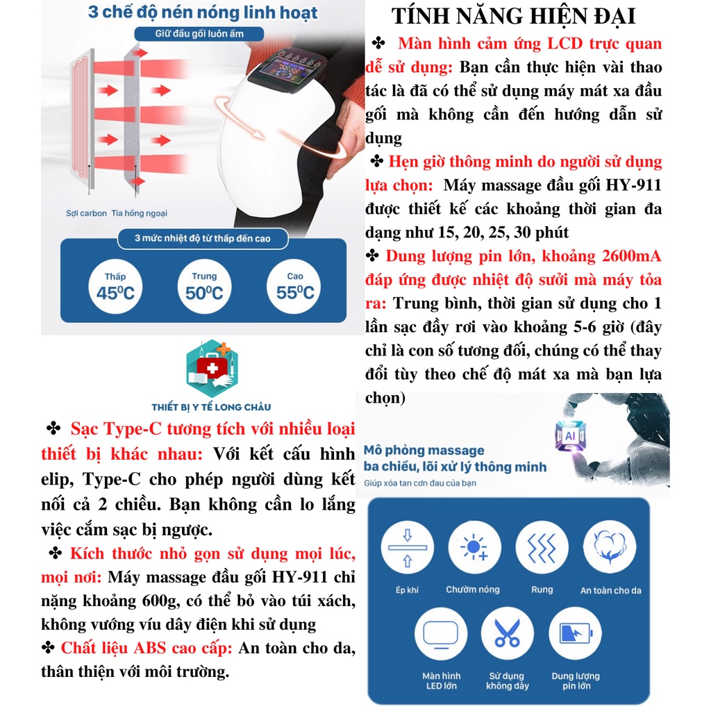 Máy Massage Đầu Gối - Máy Mát Xa Đầu Gối, Hỗ Trợ Giảm Đau Nhức Khớp Gối, Rung Tần Số Cao, Xông Hơi, Chườm Nóng Giảm Đau
