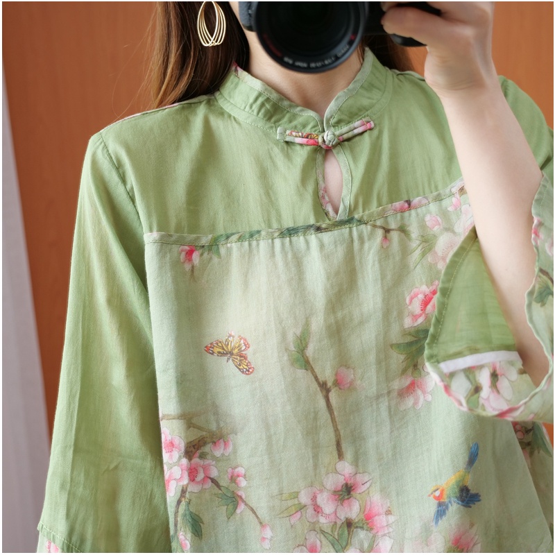 ☻ L O T U S ☻ Áo Kiểu Sườn Xám In Hoa Màu Xanh Lá Ca1551 - Bộ Sưu Tập Mới