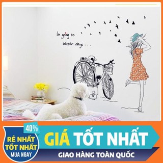 Decal dán tường phòng ngủ tranh Cô gái xe đạp - decalhcm