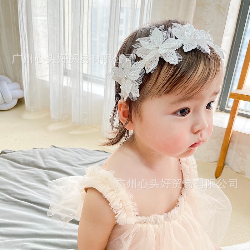 Băng đô turban hoa ren đính nơ đáng yêu cho bé gái hai màu trắng và hồng