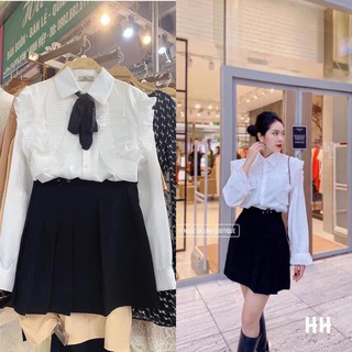 Áo sơ mi phối nơ đen dài tay
