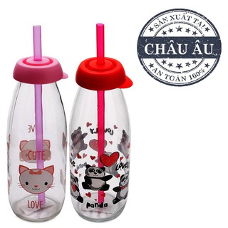 Combo 2 chai đựng nước thủy tinh kèm ống hút Herevin 111714 - 500ml (gấu - mèo)