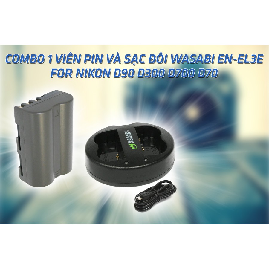 Combo 1 Viên Pin Và Sạc Đôi WASABI EN-EL3E Cho Nikon D90 D300 D700 D70