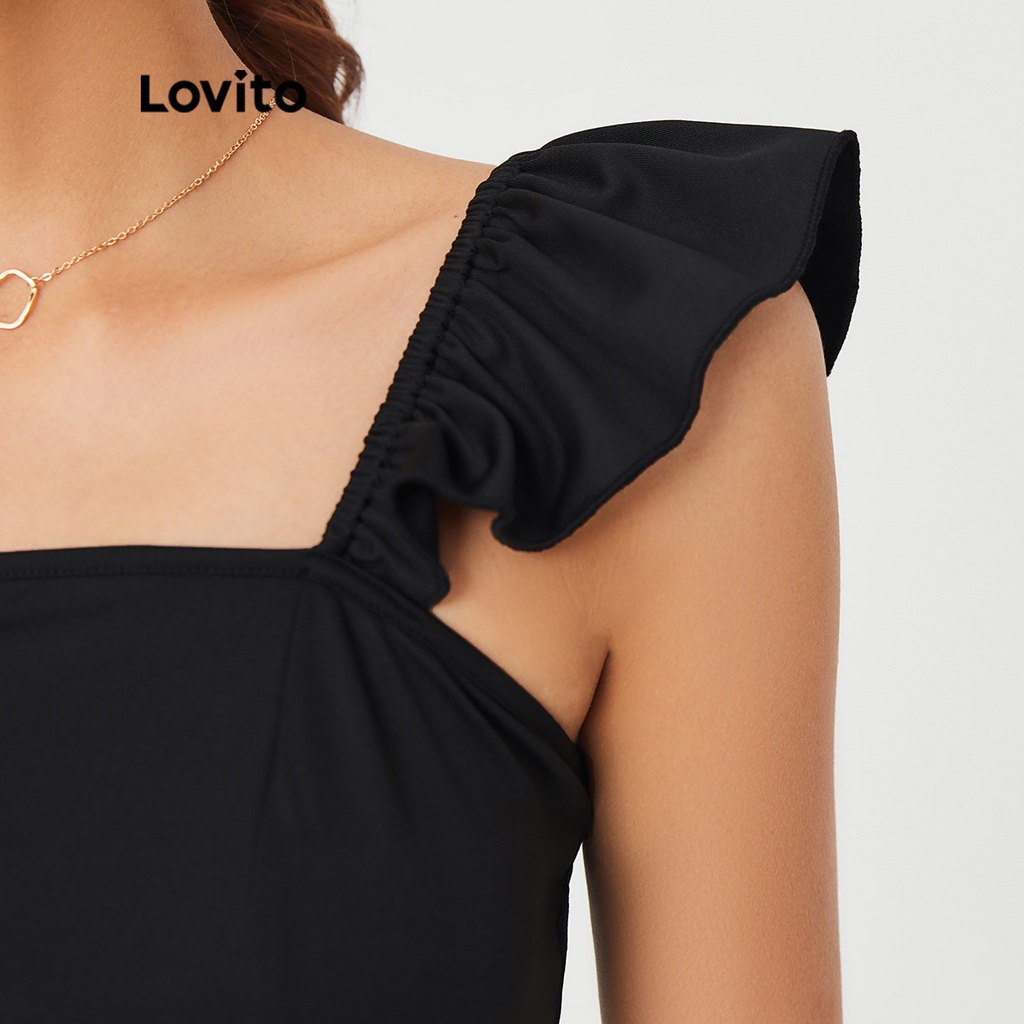 Đầm Lovito lai không đều viền nhún bèo màu trơn phong cách thường ngày L27ED105 (màu đen)