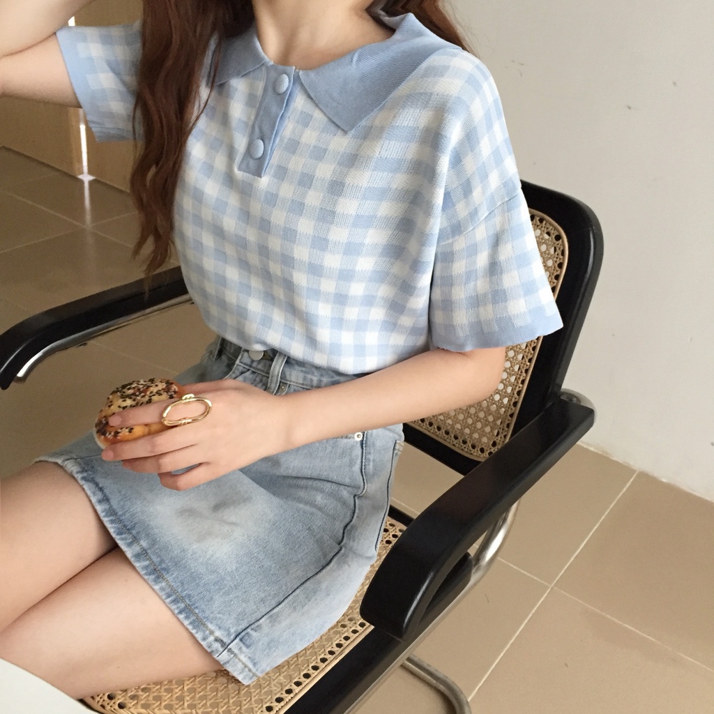 Áo Thun Dệt Kim Cổ Polo Họa Tiết Sọc Caro Phong Cách Hàn Quốc Thời Trang Mùa Hè Cho Nữ