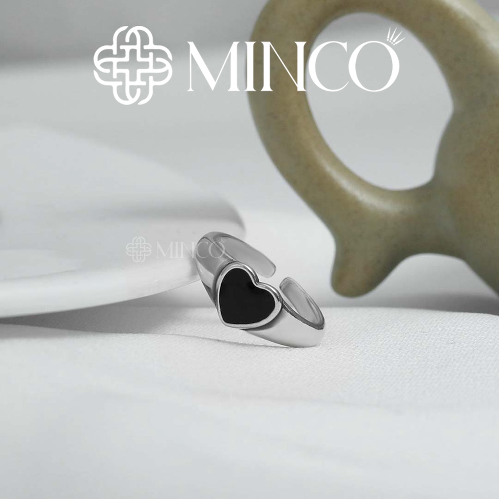 Nhẫn nữ Black Heart Minco Accessories thiết kế free size đính đá đen hình trái tim phong cách cá tính NT102-7