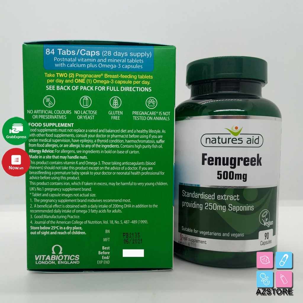 Combo Vitamin sau sinh Pregnacare breast feeding và cỏ Cà ri lợi sữa Fenugreek