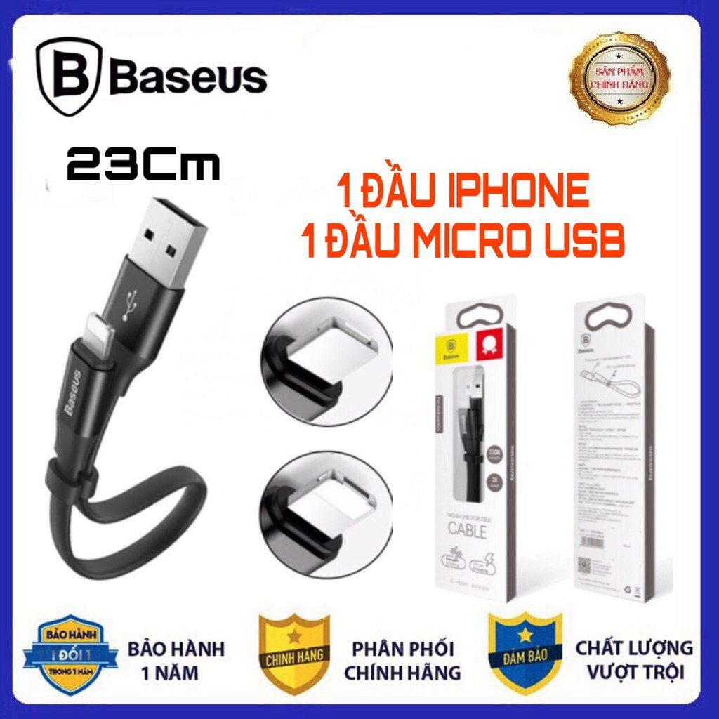 Cáp Sạc Đa Năng Baseus 2 in 1, 1 Đầu Cắm 2 Chân Lightning & Micro USB - Dài 23cm - Hàng Chính Hãng