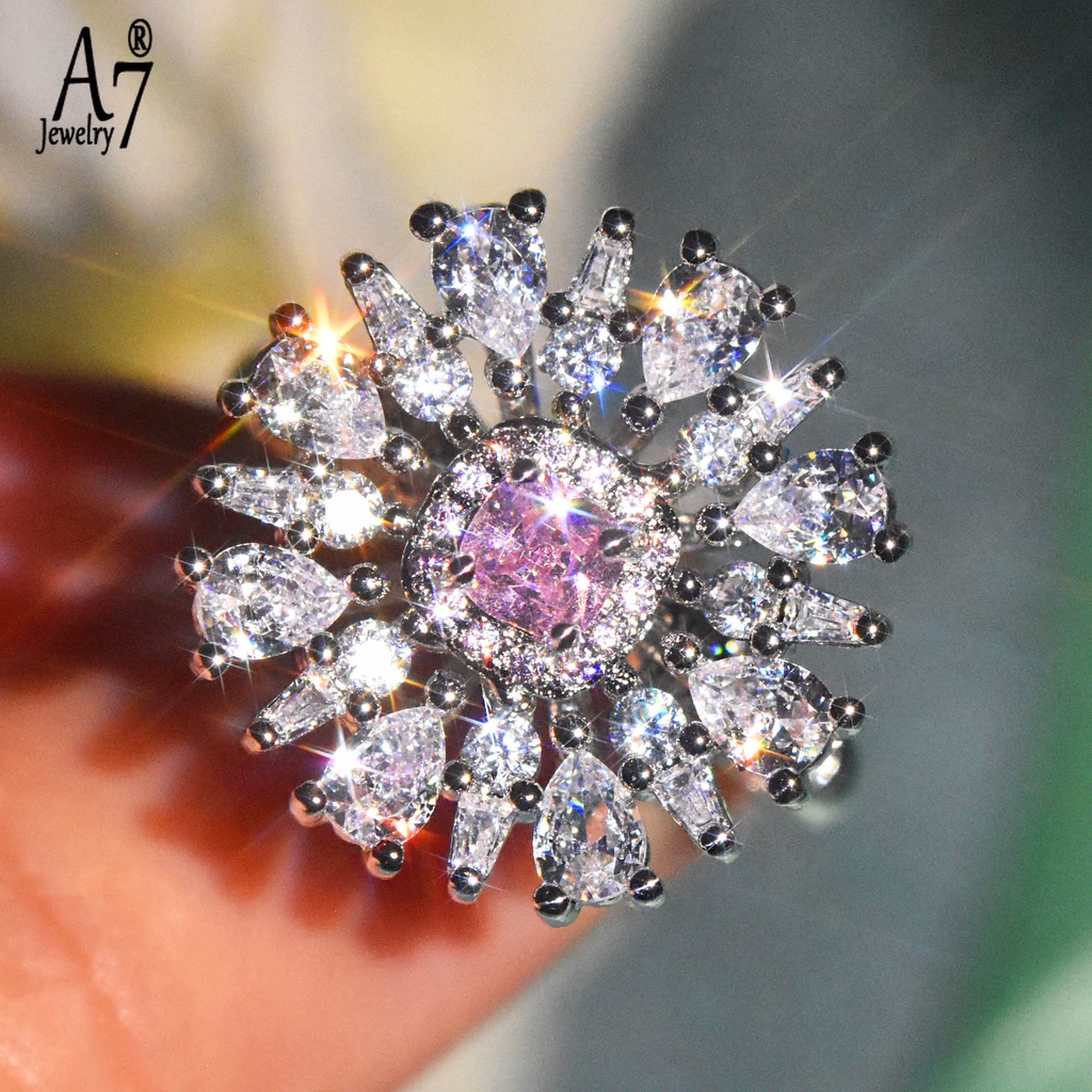 Nhẫn Bạc A7 S925 Đính Đá Zircon Hồng Dễ Thương