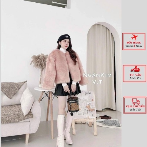 Áo khoác lông dài nữ cao cấp màu trắng ghi hồng phong cách sang trọng ulzzang Hàn Quốc