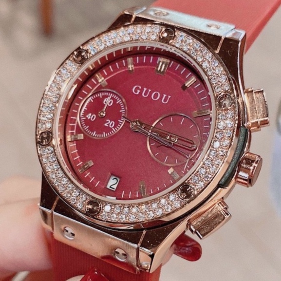 Đồng hồ nữ chính hãng Guou đính đá đẹp thời trang cao cấp dây cao su chống nước 8220