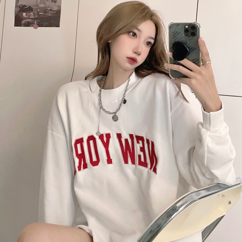 SUXI Áo sweater cổ tròn thêu chữ phong cách mùa thu mới cho nữ