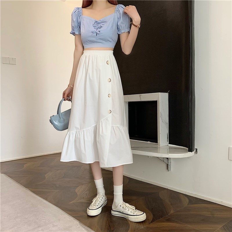 Women's Korean-Style Mid-Length Skirt High Waist Slimming All-Matching White DesignaWord Skirt
