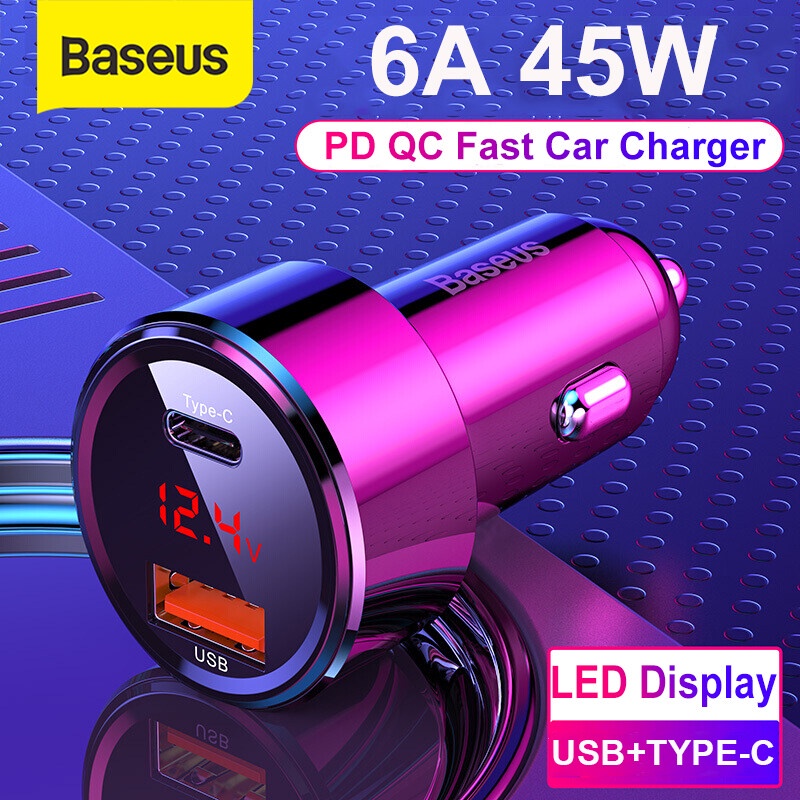 Tẩu sạc xe hơi 45w Baseus ,Tẩu sạc nhanh ô tô 2 cổng sạc USB và Type-C có đèn LED hiển thị dòng điện Chính Hãng Baseus