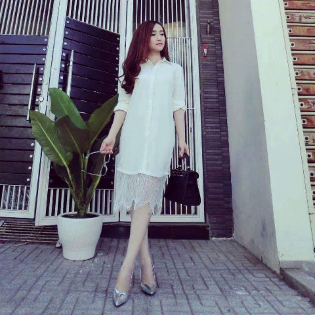 Đầm sơ mi suông phối ren siêu yêu