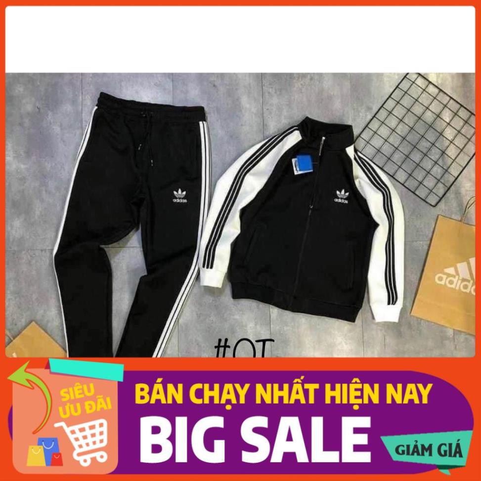 Bộ nỉ khóa nam Adidas logo thêu phổi tay trắng quần ống xuông_Bộ nỉ thể nam nam Adidas ống xuông