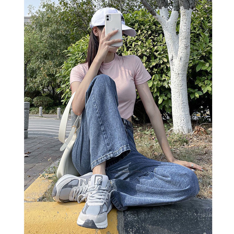 Quần jean ống rộng lưng cao thời trang phong cách Hàn Quốc cho nữ
