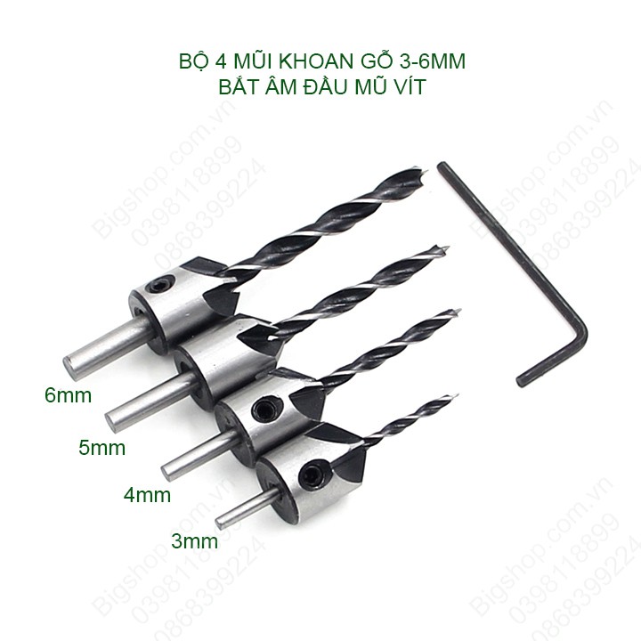 Combo bộ 4 mũi khoan gỗ âm đầu mũ vít, kích thước từ 3-6mm